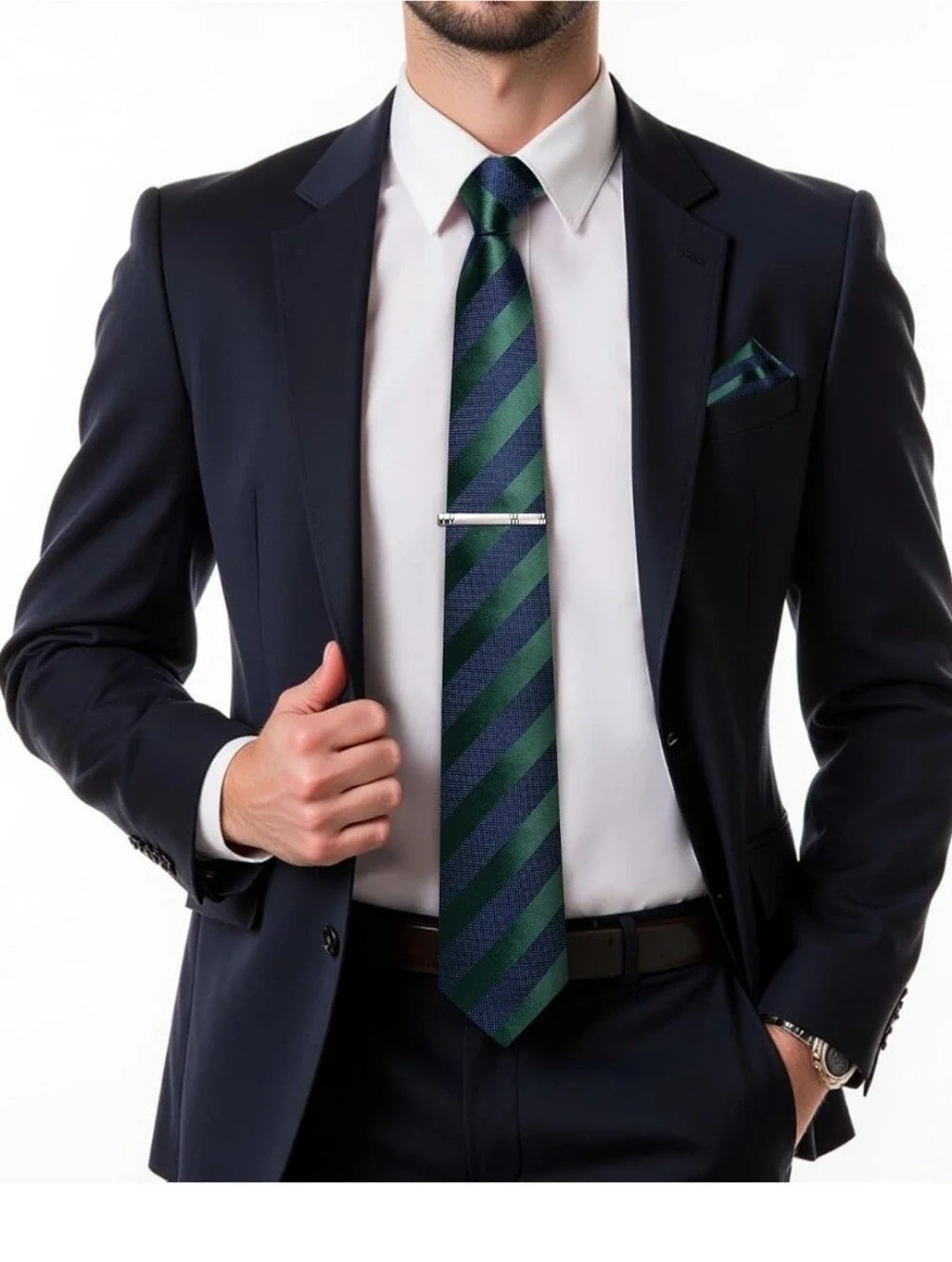 Men's Green‎ and Navy Diagonal Stripe Tie Set with Pocket Square and Cufflinks